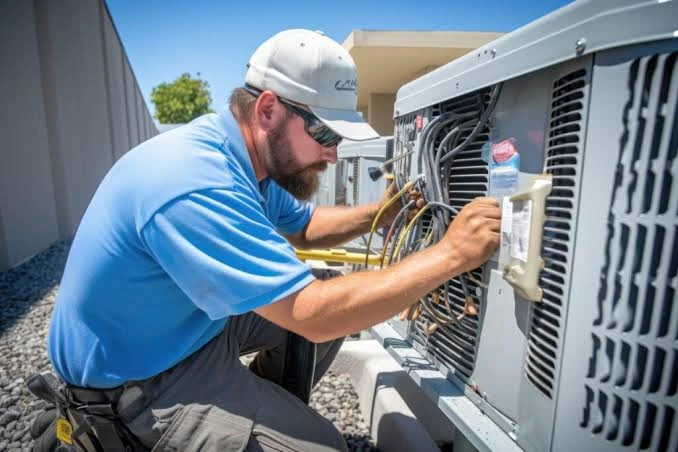 Technician inspecting the wiring of an outdoor air conditioning system