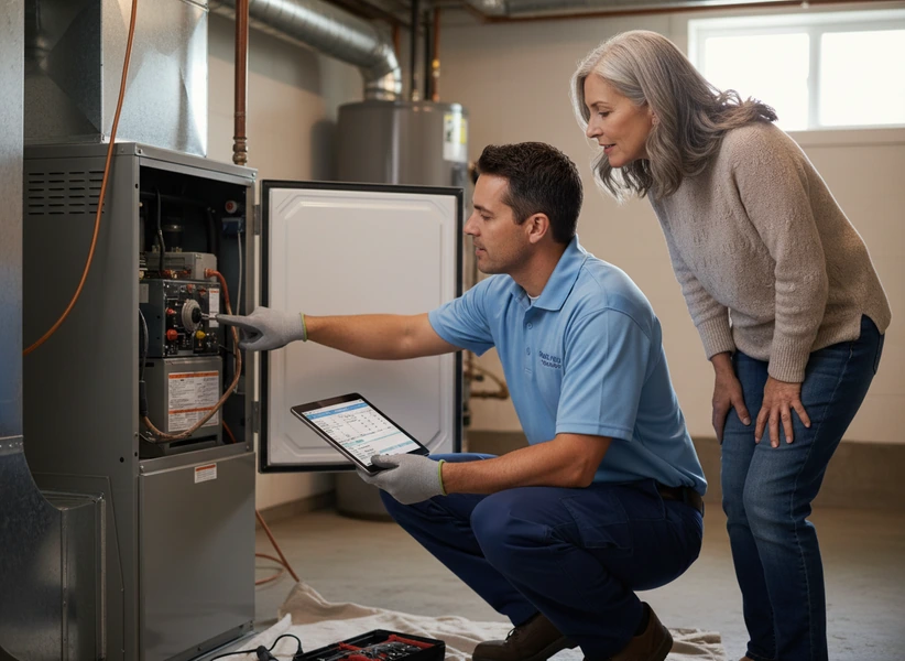 HVAC technician explaining a furnace inspection to a homeowner