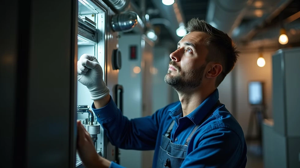 Technician inspecting a furnace in a mechanical room