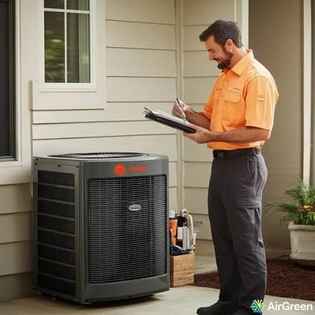 Technician recording observations beside a residential air conditioning system