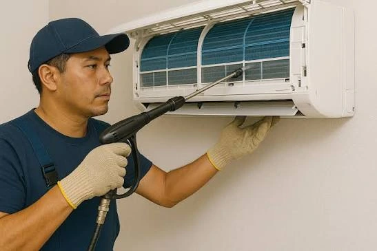Technician servicing an indoor wall-mounted air conditioning unit