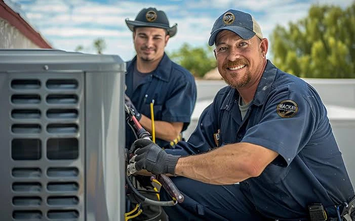 Two technicians working beside an outdoor HVAC unit